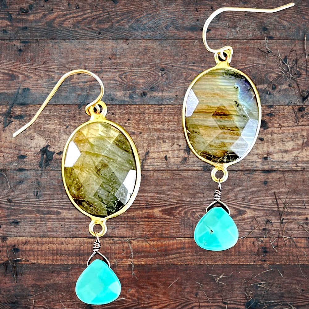 🆕 Labradorite & African Turquoise earrings ~ unbelievable flash!